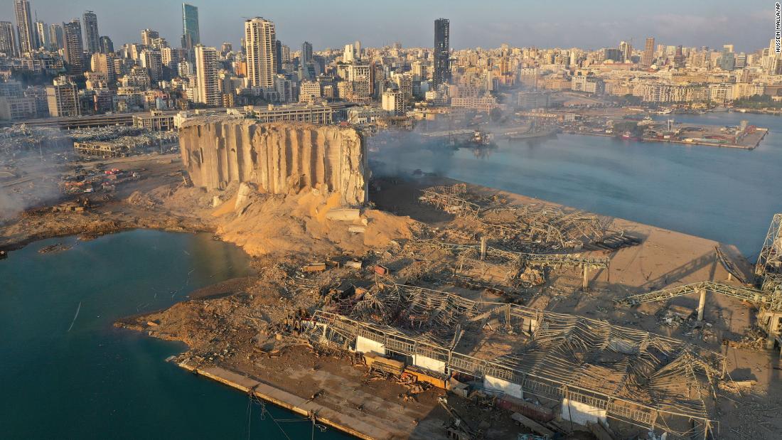 This aerial photo, taken on August 5, 2020, shows the aftermath of the massive explosion in Beirut, Lebanon.