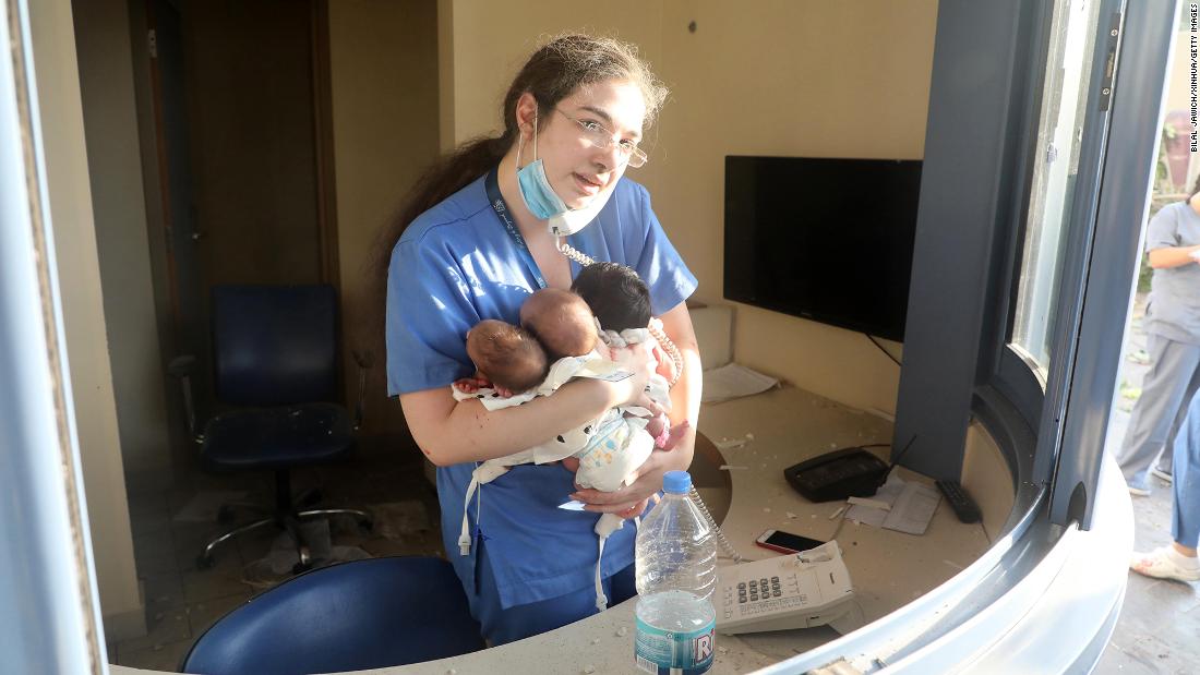 A nurse &lt;a href=&quot;https://www.cnn.com/2020/08/05/middleeast/beirut-nurse-newborns-hospital-intl/index.html&quot; target=&quot;_blank&quot;&gt;takes care of three babies&lt;/a&gt; in a damaged Beirut hospital on the day of the blast.