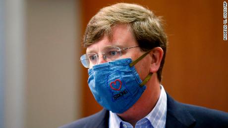 Gov. Tate Reeves sports a &quot;Mississippi Strong&quot; face mask following a July 8 coronavirus news briefing in Jackson.