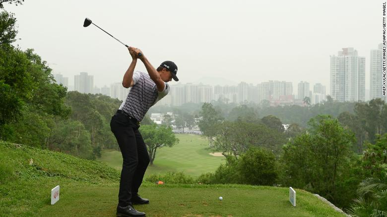 Victor Perez tees off during the final round of the Hong Kong Open at The Hong Kong Golf Club.