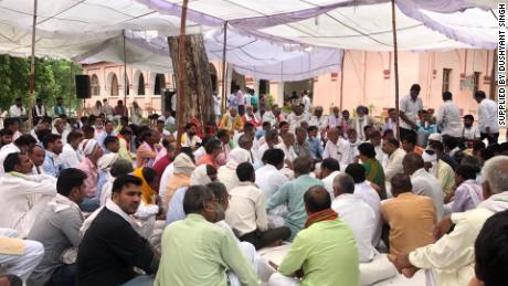 Hundreds of people attend a celebration in Bharatpur on July 23, 2020, the day after 11 policemen were sentenced to life in prison for Raj Man Singh&#39;s murder. 