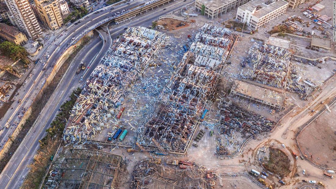 This aerial photo, taken on August 5, 2020, shows ruined structures at the port.