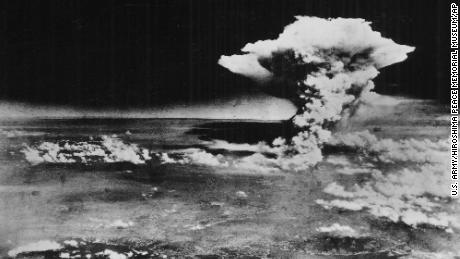 In this Aug. 6, 1945 photo released by the U.S. Army, a mushroom cloud billows about one hour after a nuclear bomb was detonated above Hiroshima, Japan. 