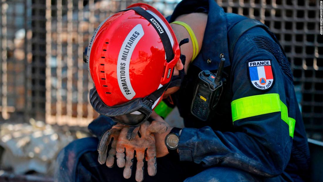 A French rescue worker rests on August 7, 2020.