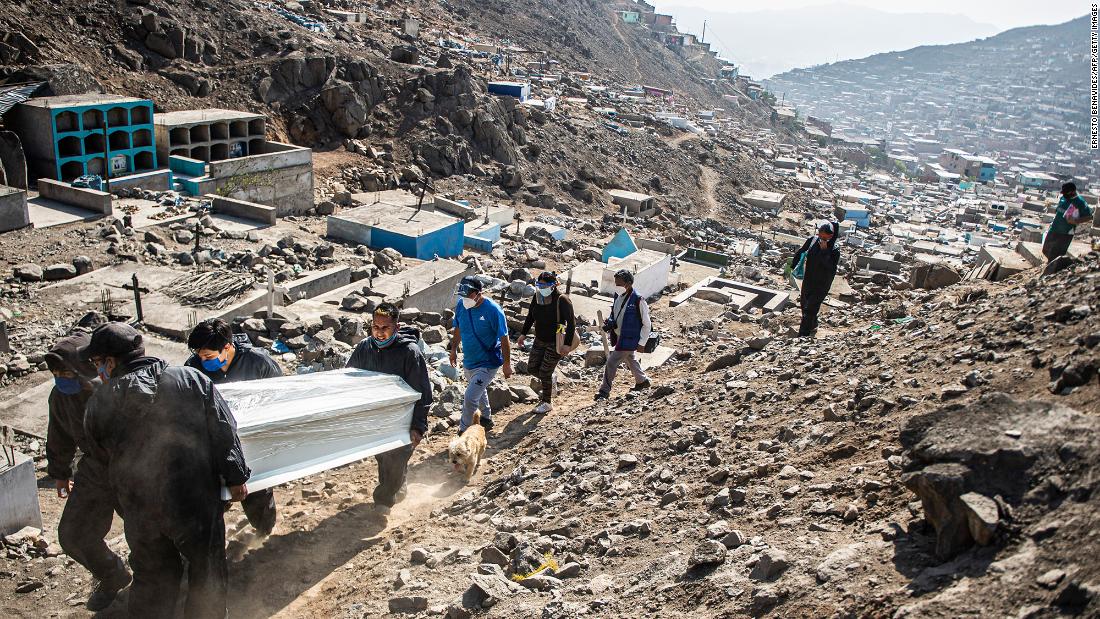 Cemetery workers carry the coffin of a Covid-19 victim at a graveyard in Comas, Peru, on August 5.