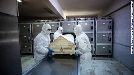 Officials with protective suits carry a coffin of a coronavirus victim before the process of ghusl, washing and shrouding the body, ahead of a Muslim funeral ceremony in Istanbul, Turkey, on May 10, 2020. 