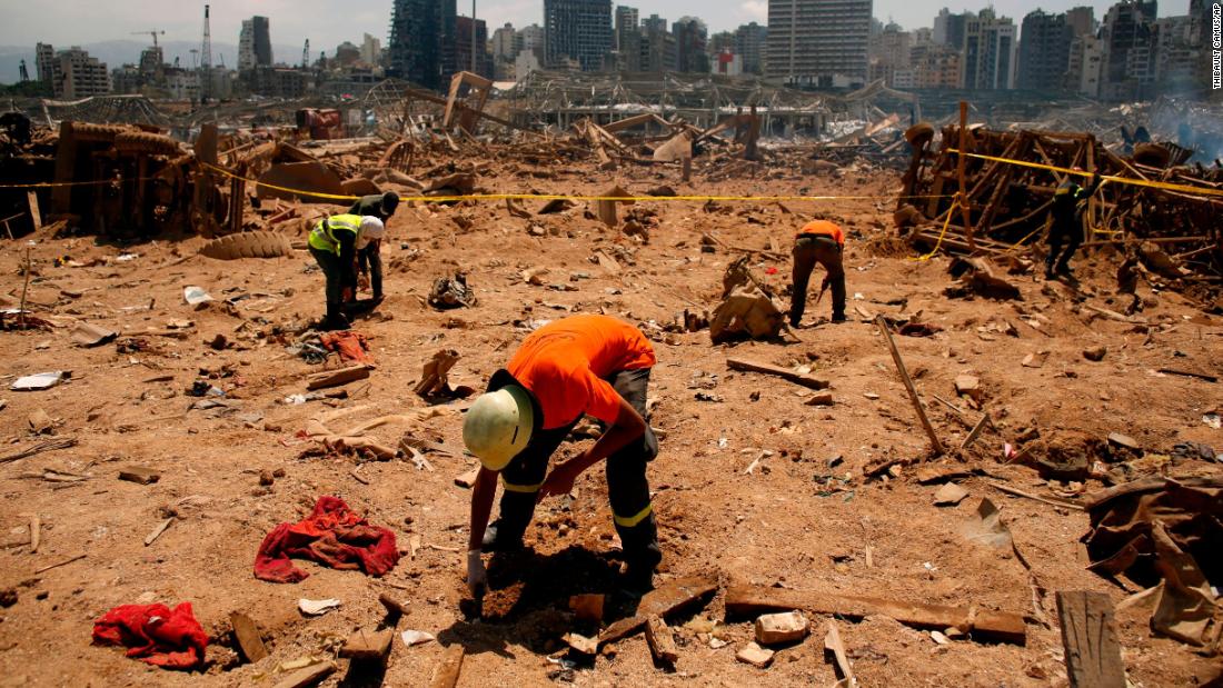 Volunteers conduct research at the explosion site on August 8, 2020.