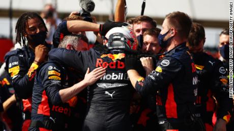 The Red Bull team was ecstatic after Max Verstappen&#39;s superb drive to win the 70th Anniversary Grand Prix at Silverstone.