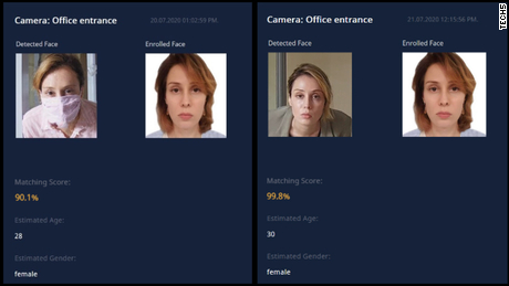 Images of facial-recognition software from Tech5, showing how its current algorithm identifies a person wearing a mask or not wearing a mask. Here the software is less certain of a match with a masked face than one that isn&#39;t masked.