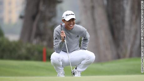 Morikawa lines up a putt for eagle on the 16th green during the final round of the 2020 PGA Championship.
