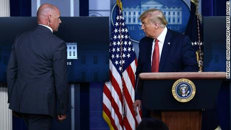 US President Donald Trump is being removed from the Brady Briefing Room of the White House in Washington, DC, on August 10, 2020. (Photo by Brendan Smialowski / AFP) (Photo by BRENDAN SMIALOWSKI/AFP via Getty Images)