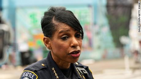 Seattle Police Chief Carmen Best holds a press conference outside of the departments vacated East Precinct.