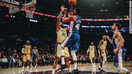 Philadelphia 76ers player Glenn Robinson III takes a shot against the Los Angeles Lakers 