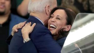 DETROIT, MICHIGAN - MARCH 09: Sen. Kamala Harris (L) (D-CA), hugs  Democratic presidential candidate former Vice President Joe Biden after introducing him at a campaign rally at Renaissance High School on March 09, 2020 in Detroit, Michigan. Michigan will hold its primary election tomorrow.  (Photo by Scott Olson/Getty Images)