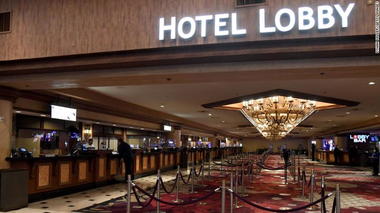 The hotel lobby and check-in desk at Excalibur Hotel & Casino are nearly empty shortly before the Las Vegas Strip property opened to guests for the first time in June since being closed in mid-March.