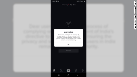 An error message shown to TikTok users in India says the app is &quot;complying with the government of India&#39;s directive.&quot;