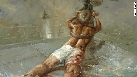 A painting from the Australian War Memorial depicts the figure of Ordinary Seaman Edward Sheean, a wound on his right thigh, firing an Oerlikon anti-aircraft gun at Japanese bombers on December 1, 1942.
