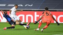 Mbappe is denied in front of goal during PSG's Champions League quarterfinal against Atalanta. 