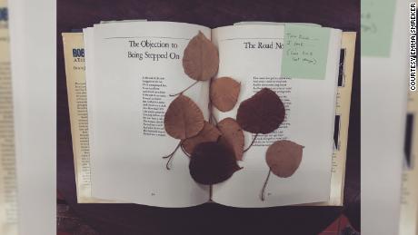 Smreker found these pressed leaves in a copy of Robert Frost&#39;s &quot;A Tribute to the Source.&quot; She often finds pressed flowers and leaves, but she continues to search for a four-leaf clover -- one of the items on her &quot;in used books bucket list.&quot;