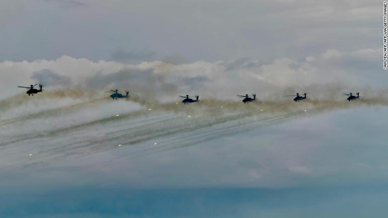 US-made AH-64E Apache attack helicopters take part in the annual Han Kuang military drills in Taiwan on July 16, 2020. The five-day drills aimed to test how the armed forces would repel an invasion from China.