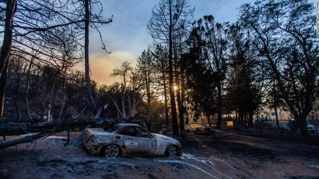 A car is charred by the Lake Fire near Lake Hughes, 60 miles north of Los Angeles, on August 13, 2020.