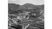 A view of Hong Kong in 1955, with  the Tiger Balm Garden with its pagoda in the far lef.