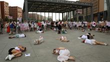 Demonstrators stage a &quot;die-in&quot; as part of protests against the results of Belarus' presidential election in Berlin, Germany on August 15, 2020. 