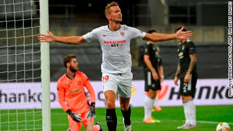 Luuk de Jong celebrates scoring against Manchester United.