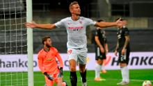 Luuk de Jong celebrates scoring against Manchester United.