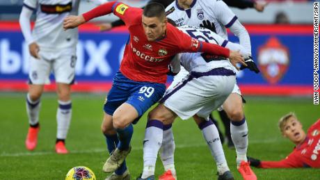 CSKA Moscow&#39;s Ilya Shkurin (center) in action against Ufa at the VEB Arena stadium on March 15, 2020.