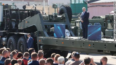 Belarus&#39; President Alexander Lukashenko addresses employees of the Minsk Wheel Tractor Plant in Minsk on Monday.