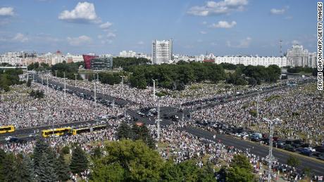 Thousands of Belarusian opposition supporters attend a rally in central Minsk on Sunday. 