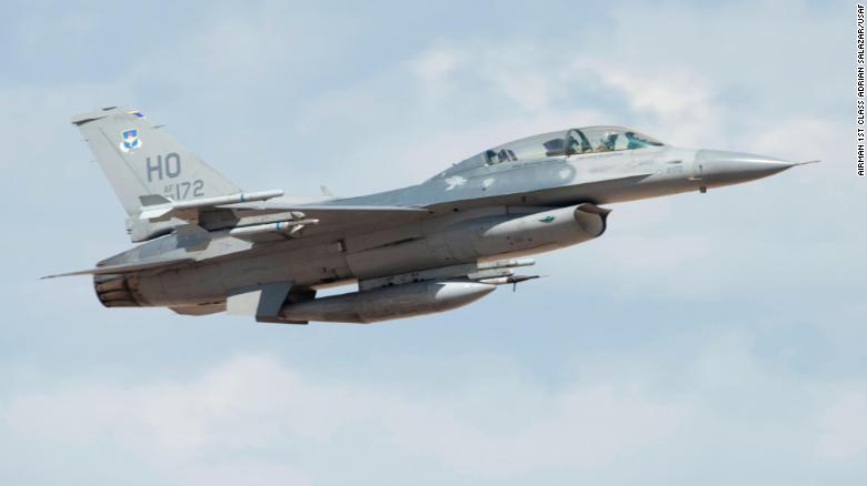 A US Air Force F-16 Viper  takes off from Holloman Air Force Base, New Mexico, on July 27, 2020. 