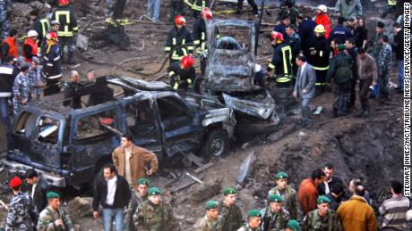 Vehicles destroyed in the bombing of Hariri&#39;s armed motorcade on February 14, 2005, in Beirut, Lebanon.