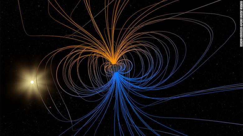 Questa visualizzazione stereoscopica della NASA mostra un modello del campo magnetico terrestre. 