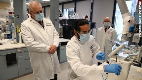 Prime Minister Scott Morrison takes a tour at the AstraZeneca laboratories in Macquarie Park, on August 19, 2020 in Sydney, Australia. 