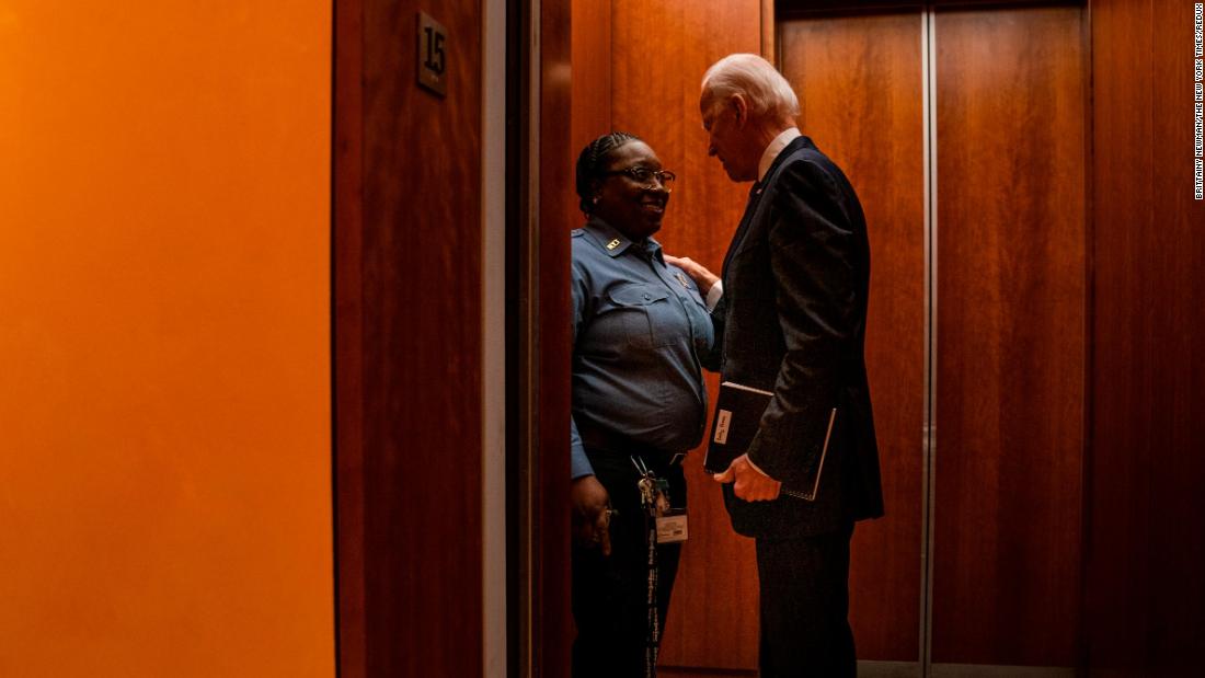 Biden speaks with Jacquelyn Brittany, a security guard at The New York Times, in December 2019. Brittany was escorting Biden to a Times editorial board meeting when she said: &quot;I love you. I do. You&#39;re like my favorite.&quot; &lt;a href=&quot;https://www.cnn.com/videos/politics/2020/01/21/joe-biden-elevator-selfie-new-york-times-endorsement-orig-llr.cnn&quot; target=&quot;_blank&quot;&gt;The exchange&lt;/a&gt; was aired as part of the Times&#39; TV series &quot;The Weekly,&quot; and was circulated on social media. In August 2020, &lt;a href=&quot;https://www.cnn.com/2020/08/18/politics/security-guard-elevator-biden-convention/index.html&quot; target=&quot;_blank&quot;&gt;Brittany gave the first speech&lt;/a&gt; officially nominating Biden for president at the Democratic National Convention. &quot;I take powerful people up on my elevator all the time,&quot; Brittany said. &quot;When they get off, they go to their important meetings. Me, I just head back to the lobby. But in the short time I spent with Joe Biden, I could tell he really saw me. That he actually cared, that my life meant something to him. And I knew even when he went into his important meeting, he&#39;d take my story in there with him.&quot; Biden &lt;a href=&quot;https://twitter.com/JoeBiden/status/1295900540694433792&quot; target=&quot;_blank&quot;&gt;responded on Twitter:&lt;/a&gt; &quot;Jacquelyn: Your nomination means the world to me. Thank you — and I hope you know: we love you back.&quot;