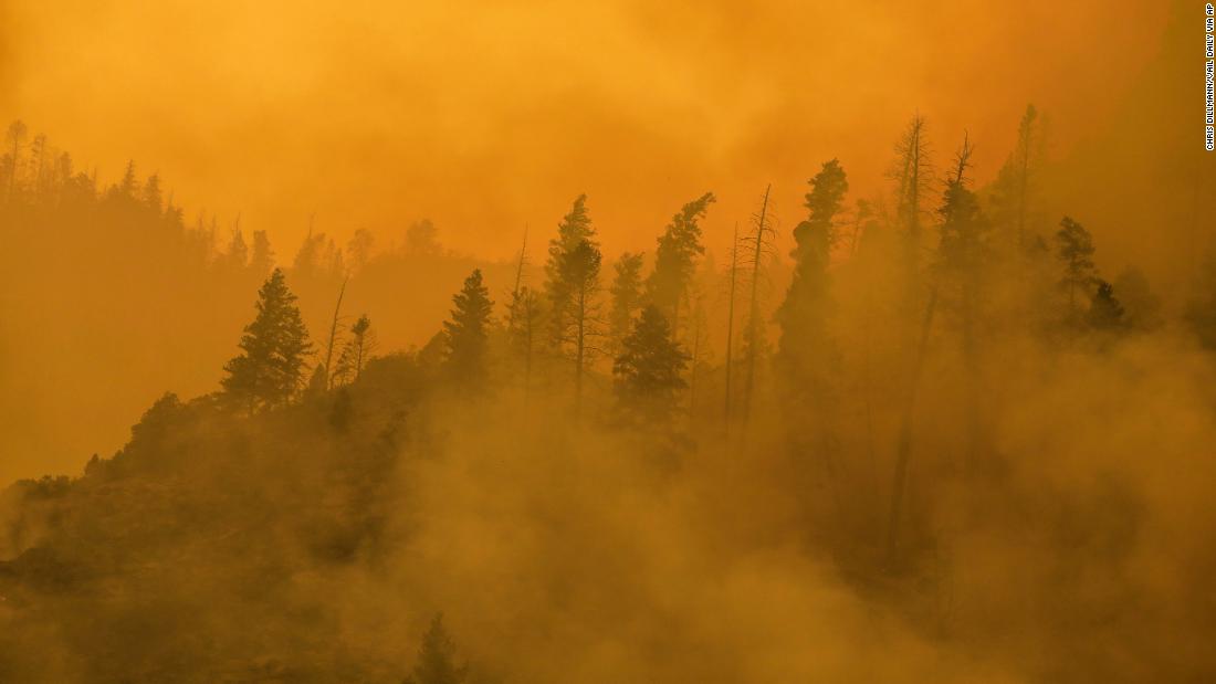 Smoke from the Grizzly Creek Fire is thick in Glenwood Canyon, near Glenwood Springs, Colorado, on August 16.