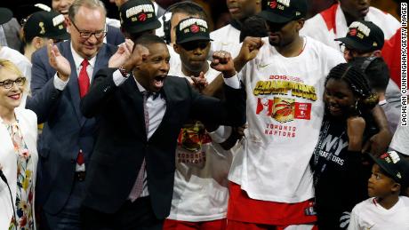 Ujiri celebrates the Raptors&#39; victory  over the Golden State Warriors to win the 2019 NBA Finals.