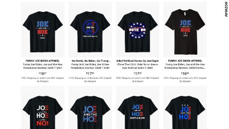 This screenshot from Amazon shows anti-Joe Biden and Kamala Harris t-shirts for sale.  The ads have since been removed because they did not follow the sales rules 