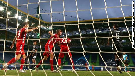 Bayern Munich celebrate Serge Gnabry's second goal against Lyon.
