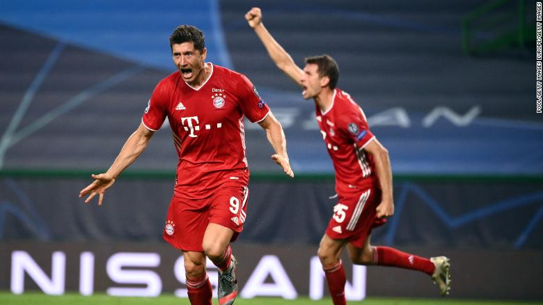 Robert Lewandowski celebrates after scoring Bayern Munich's third goal.