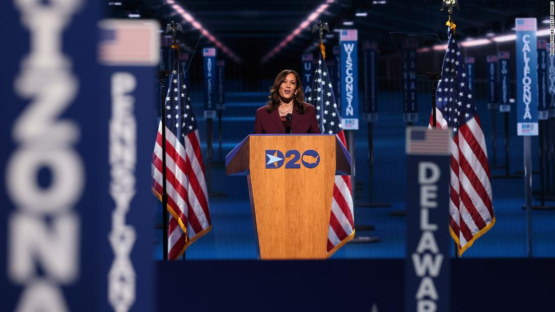 Harris delivers a speech as she formally accepts the nomination at the &lt;a href=&quot;http://www.cnn.com/2020/08/20/politics/gallery/democratic-convention-2020/index.html&quot; target=&quot;_blank&quot;&gt;Democratic National Convention.&lt;/a&gt; &quot;Let&#39;s fight with conviction,&quot; Harris said in her speech. &quot;Let&#39;s fight with hope. Let&#39;s fight with confidence in ourselves and a commitment to each other. To the America we know is possible. The America we love.&quot;