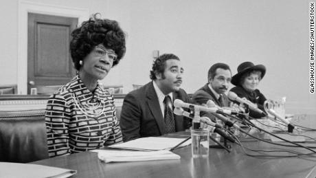 Rep. Shirley Chisholm announces her candidacy for the US presidential nomination alongside Reps. Charles Rangel, Parren Mitchell and Bella Abzug.