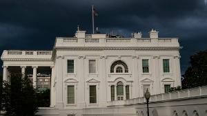 Storm clouds are seen near the White House Thursday evening on June 25, 2020 in Washington, DC. President Donald Trump traveled to Wisconsin on Thursday for a Fox News town hall event and a visit to a shipbuilding manufacturer. (Photo by Drew Angerer/Getty Images)