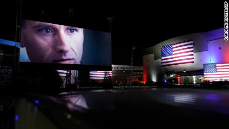 An image of Beau Biden, son of Democratic presidential candidate former Vice President Joe Biden, is shown outside the venue where Joe Biden will speak later tonight, during the final day of the Democratic National Convention, Thursday, Aug. 20, 2020, at the Chase Center in Wilmington, Del. (AP Photo/Carolyn Kaster)