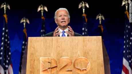 Democratic presidential candidate Joe Biden speaks at the Democratic National Convention on August 20 in Wilmington, Delaware.