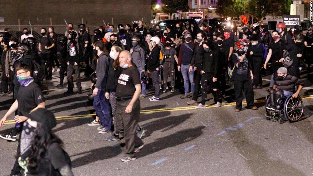 Demonstrators march to the ICE building on August 19.