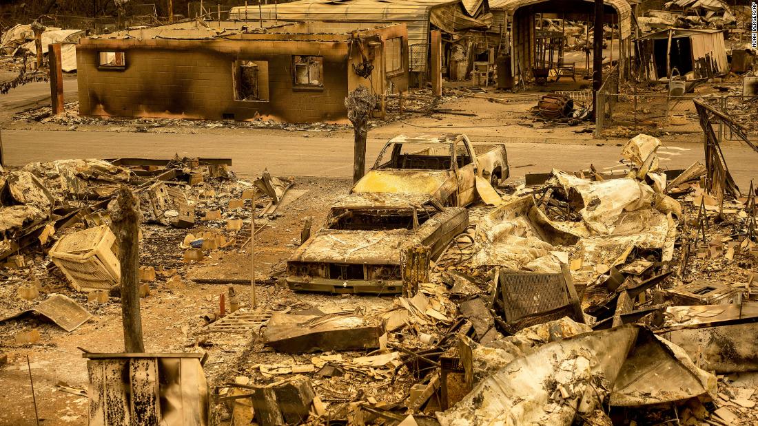 Only scorched homes and vehicles remain in the Spanish Flat Mobile Villa in Napa County, California, on August 20.