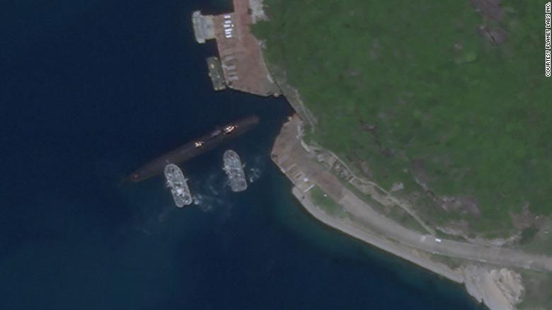 Satellite image of Aug. 18, 2020, appears to show a Chinese submarine using an underground base on Hainan Island on the South China Sea.